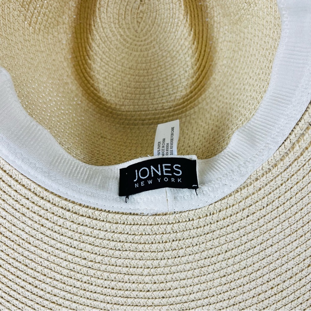 NWOT Jones New York Natural Straw Sun Hat Wide Brim with Black Trim - Picture 10 of 12